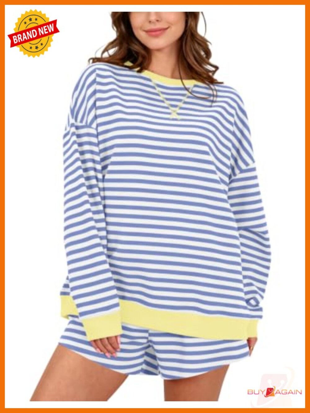 Striped Cotton Blend Oversized Lounge Set Long Sleeve Top Shorts